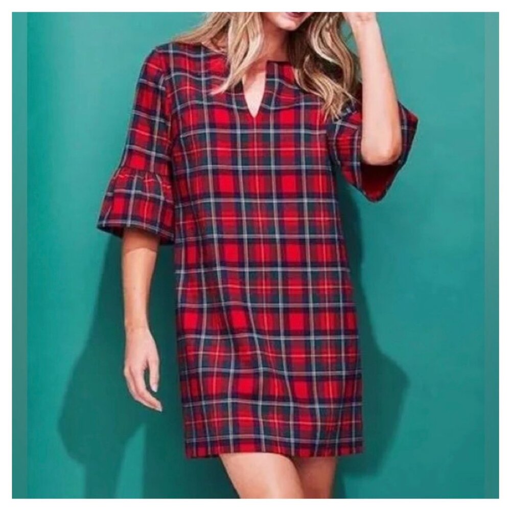 Vineyard Vines Plaid Greenwich Flutter Sleeve Dress Red Velvet Size 2 NEW